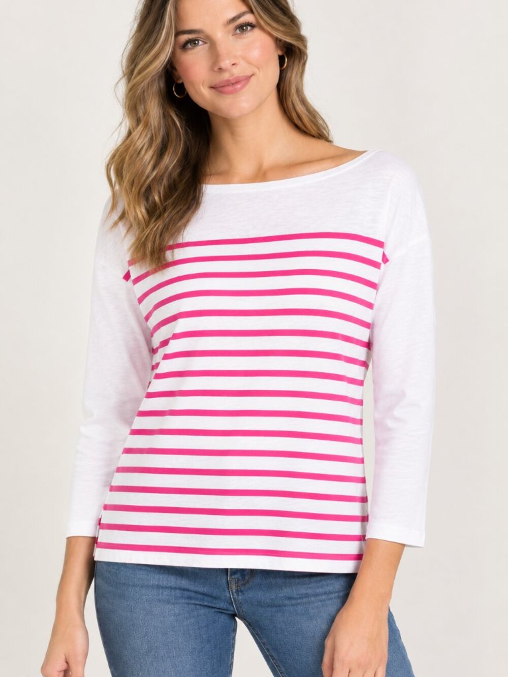 Old Navy Relaxed White and Hot Pink Striped Boatneck Long Sleeve Top Size Large